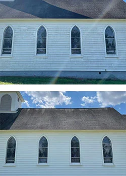 Before and After Image of a church after softwashed cleaning services in Havertown, PA