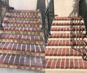 Image of residential brick stairs before and after Softwash Platoon's brick cleaning services