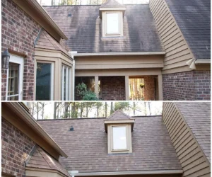 Image of a residential roof before and after Softwash Platoon's cedar roof cleaning services