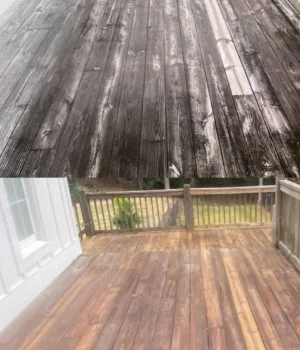 Image of a residential wood deck before and after Softwash Platoon's wood deck cleaning services