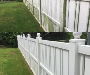 Image of a residential fence before and after Softwash Platoon's fence cleaning services