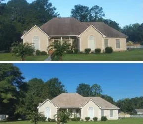 Image of a residential roof before and after Softwash Platoon's roof cleaning services