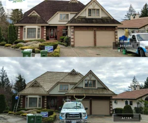 Before and After Image of a residential home before and after softwashing services