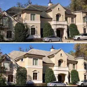 A before and after picture of a house that was softwashed